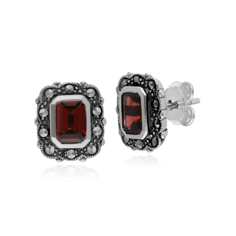 Art Deco Style Octagon Garnet & Marcasite Stud Earrings in 925 Sterling Silver sold by Gemondo Jewellery