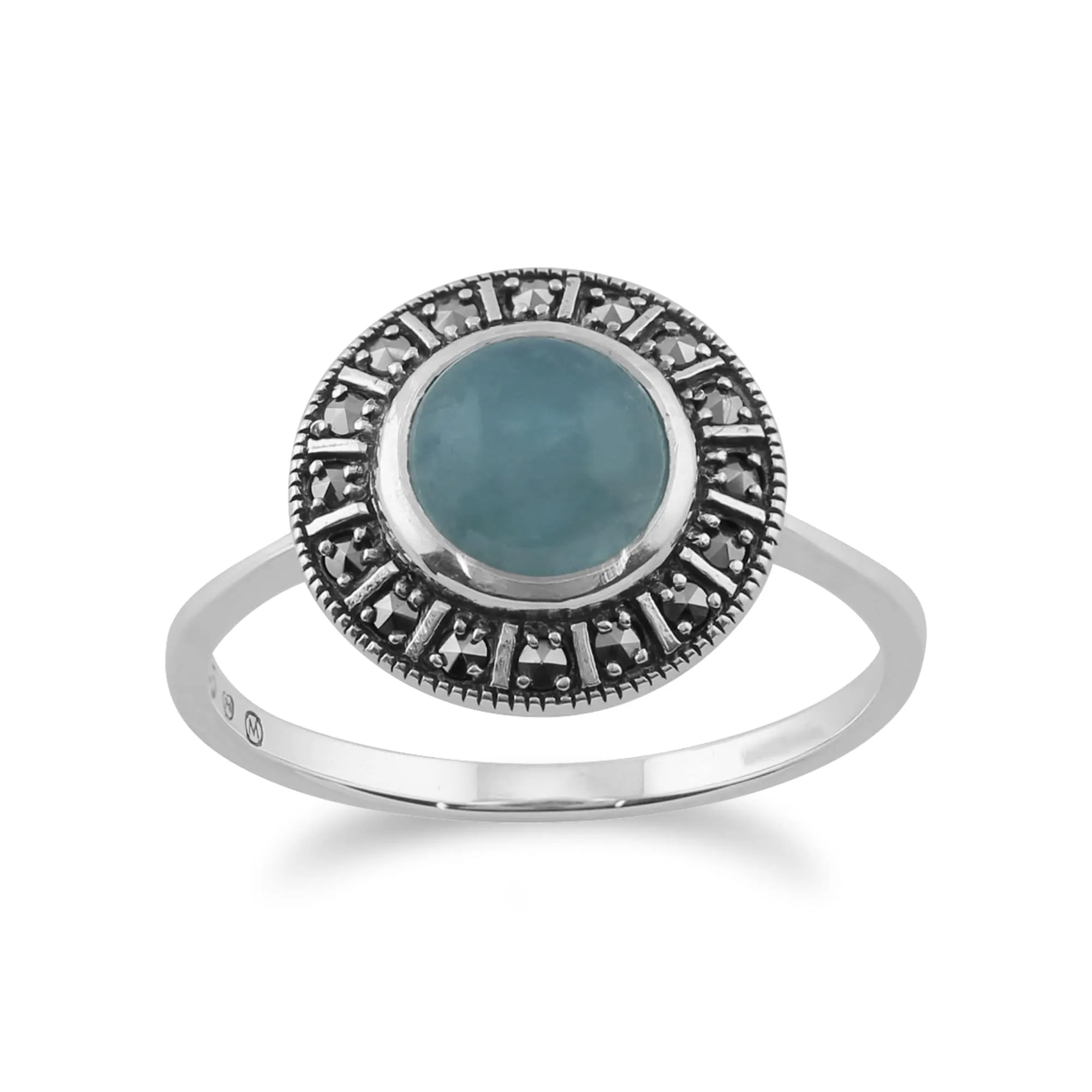 Art Deco Style Round Milky Aquamarine Cabochon & Marcasite Silver Halo Ring sold by Gemondo Jewellery