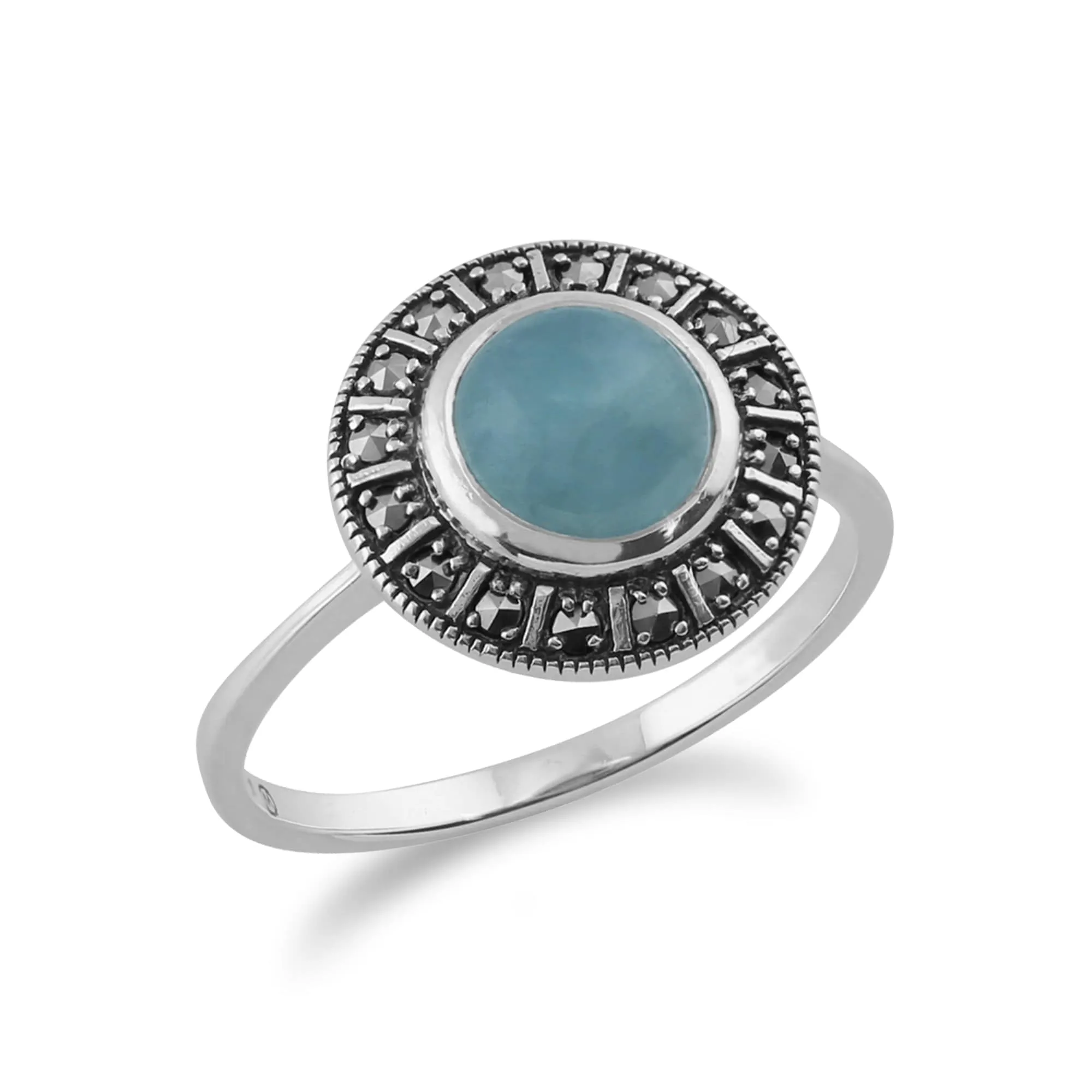 Art Deco Style Round Milky Aquamarine Cabochon & Marcasite Silver Halo Ring sold by Gemondo Jewellery product image thumbnail 2