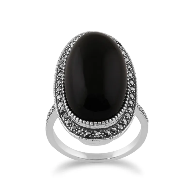 Art Deco Style Black Onyx Cabochon & Marcasite Cocktail Ring sold by Gemondo Jewellery