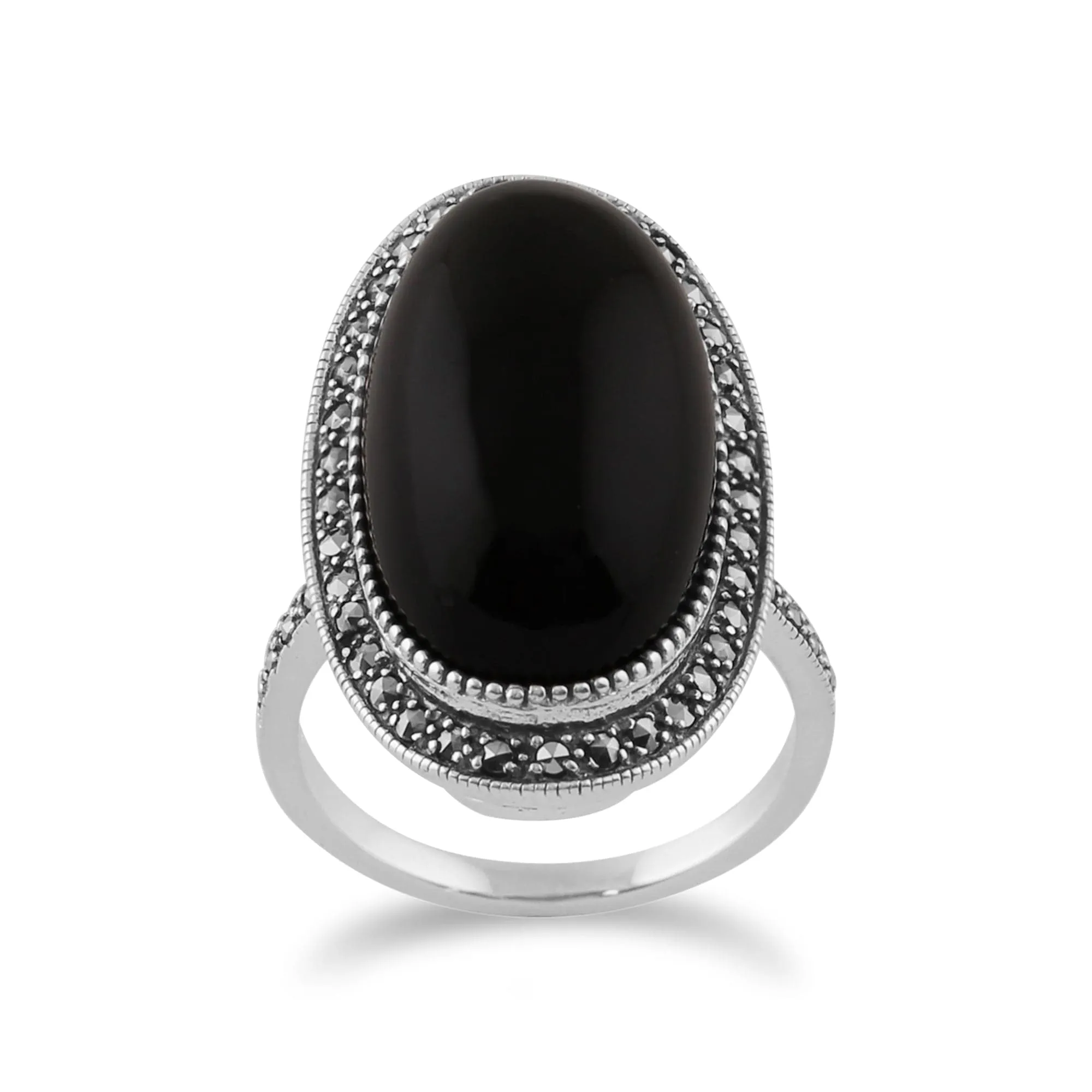 Art Deco Style Black Onyx Cabochon & Marcasite Cocktail Ring sold by Gemondo Jewellery