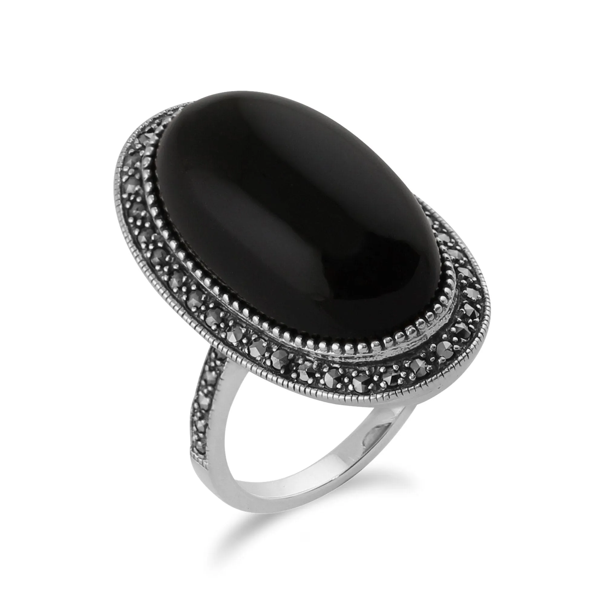 Art Deco Style Black Onyx Cabochon & Marcasite Cocktail Ring sold by Gemondo Jewellery product image thumbnail 4