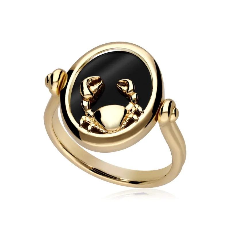 Zodiac Black Onyx Cancer Flip Ring in 18ct Gold Plated Silver sold by Gemondo Jewellery