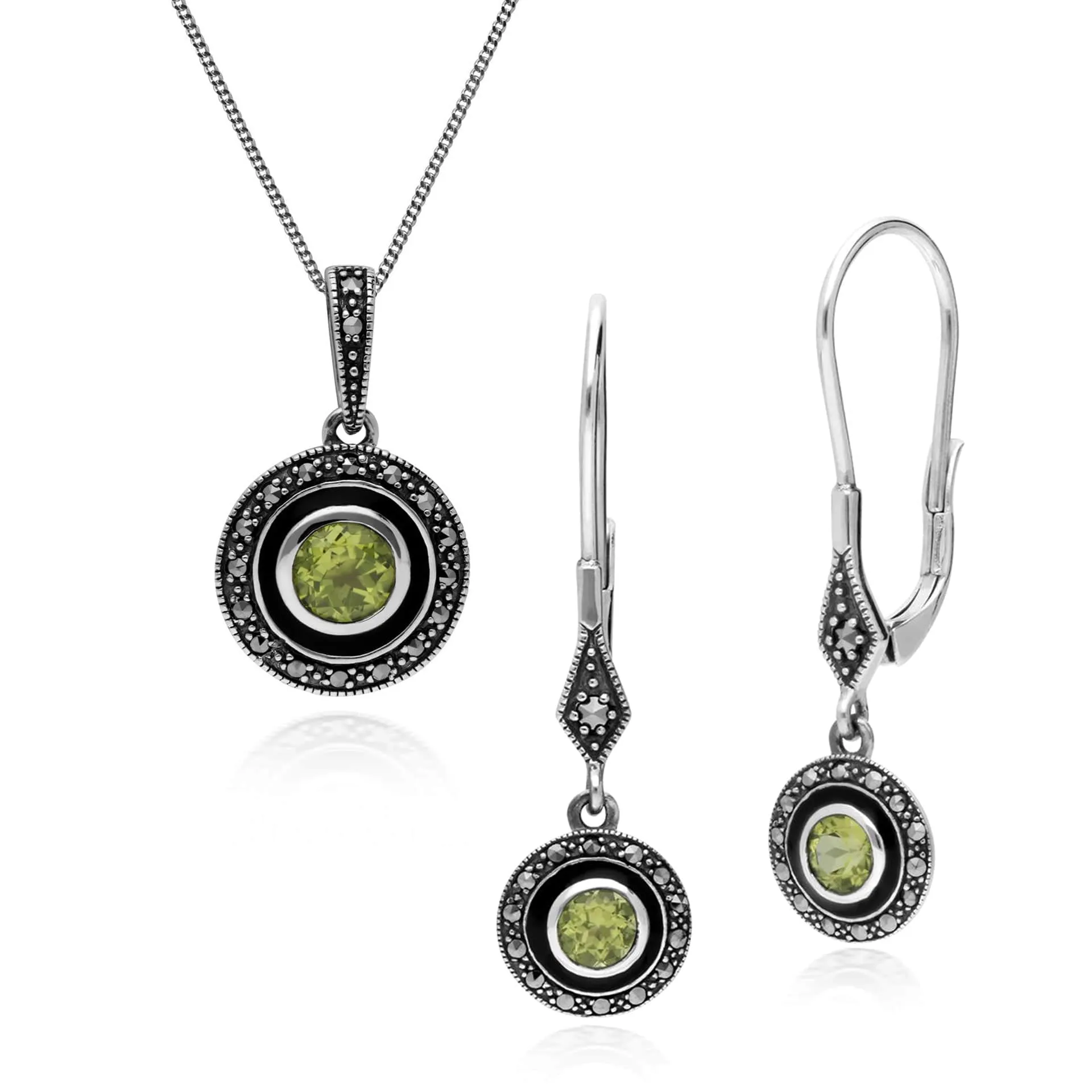 Art Deco Style Round Peridot, Marcasite & Black Enamel Drop Earrings & Pendant Set in 925 Sterling Silver sold by Gemondo Jewellery
