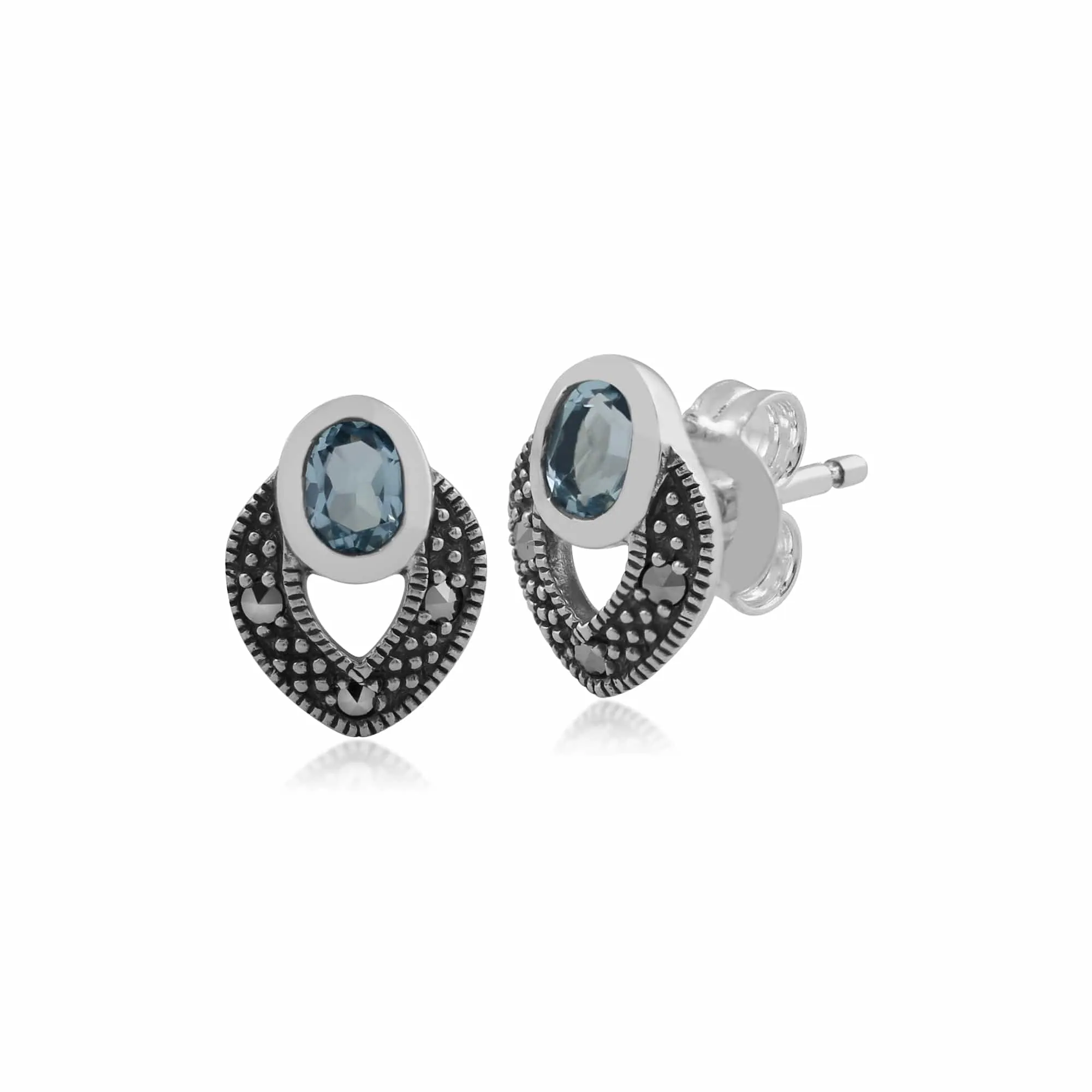 Art Deco Style Oval Blue Topaz & Marcasite Stud Earrings in 925 Sterling Silver sold by Gemondo Jewellery