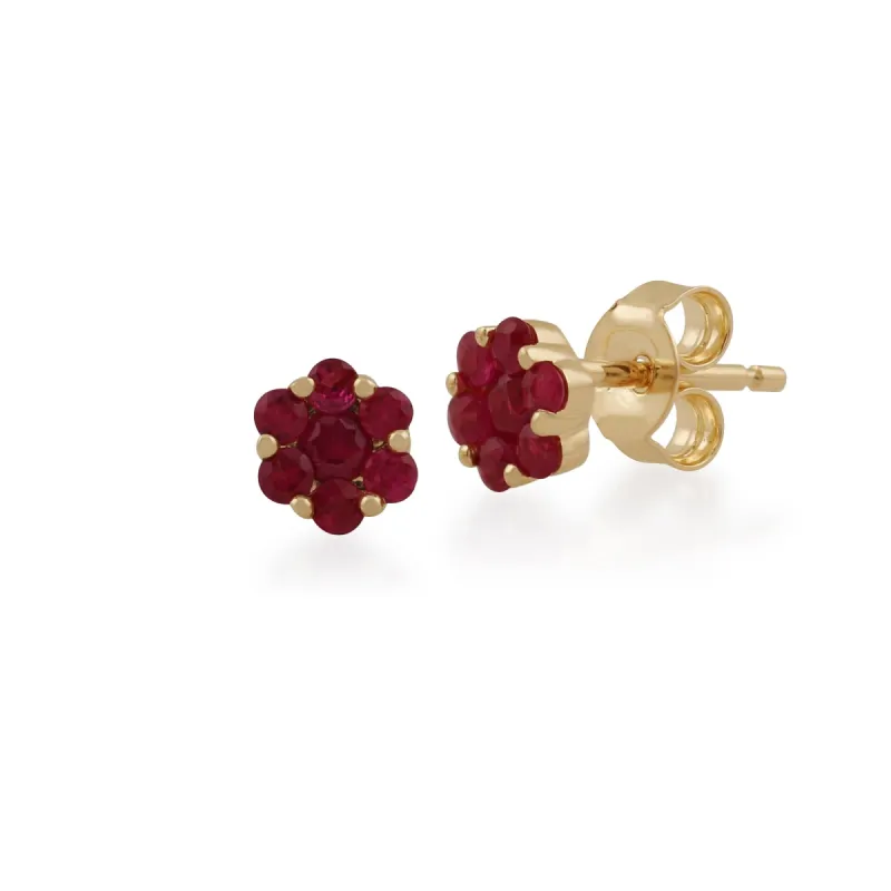 Floral Round Ruby Cluster Stud Earrings in 9ct Yellow Gold sold by Gemondo Jewellery