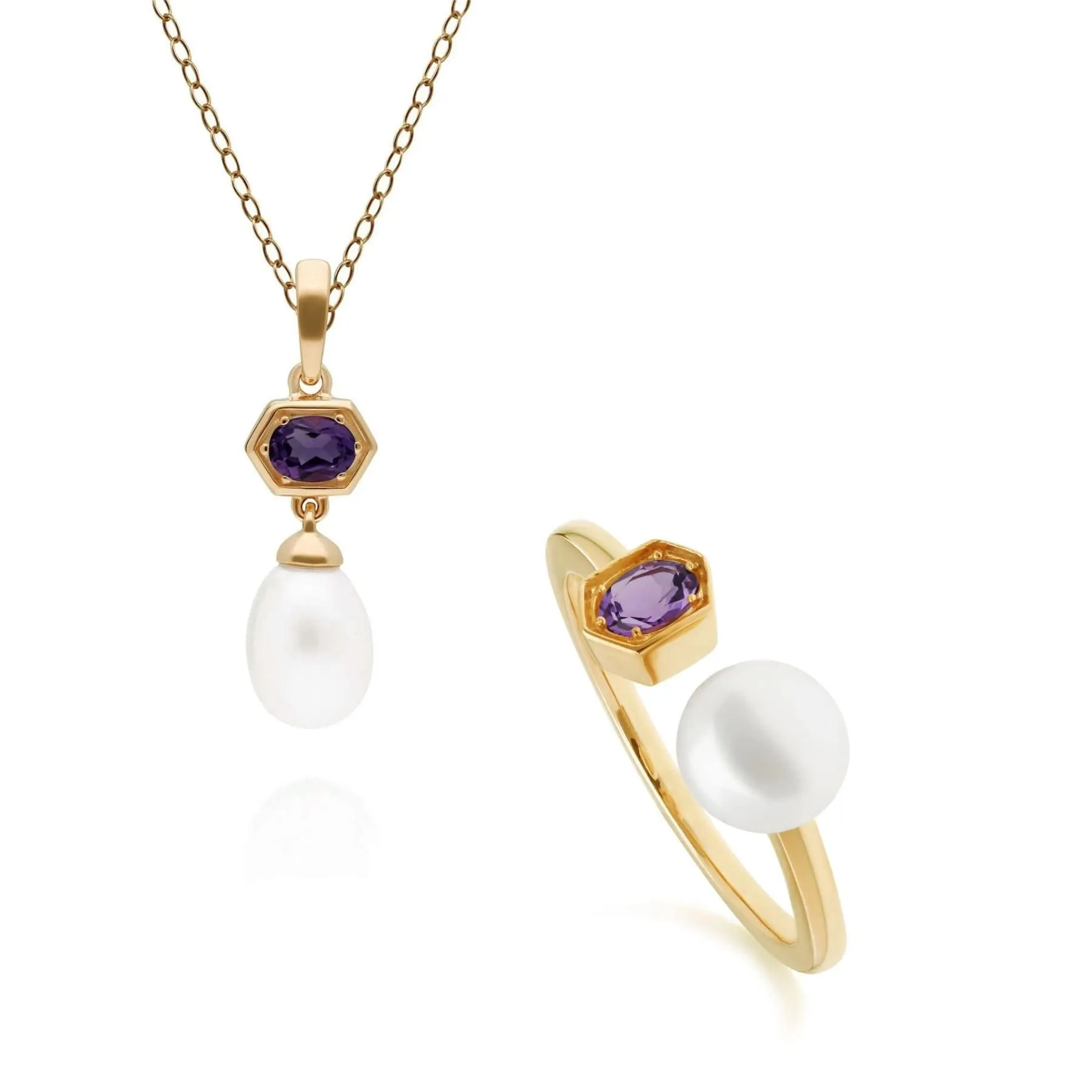 Modern Pearl & Amethyst Pendant & Ring Set in Gold Plated Silver sold by Gemondo Jewellery