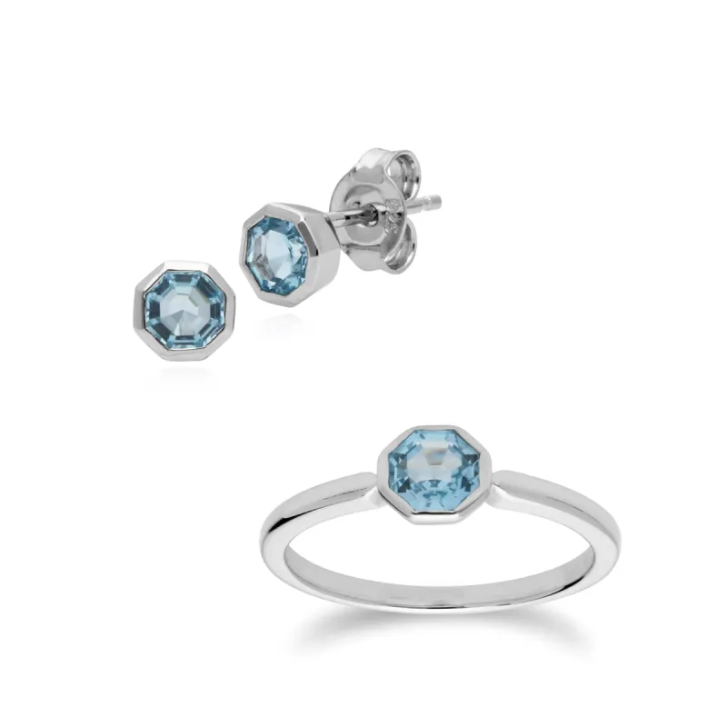 Geometric Octagon Blue Topaz Bezel Stud Earrings & Ring Set in 925 Sterling Silver sold by Gemondo Jewellery