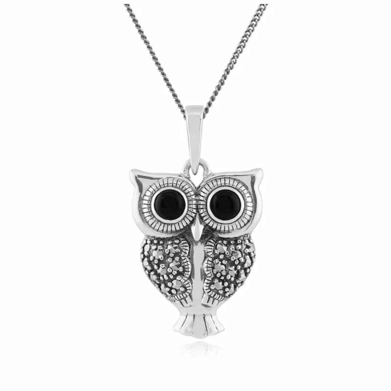 Art Deco Style Round Black Onyx & Marcasite Owl Pendant in 925 Sterling Silver sold by Gemondo Jewellery