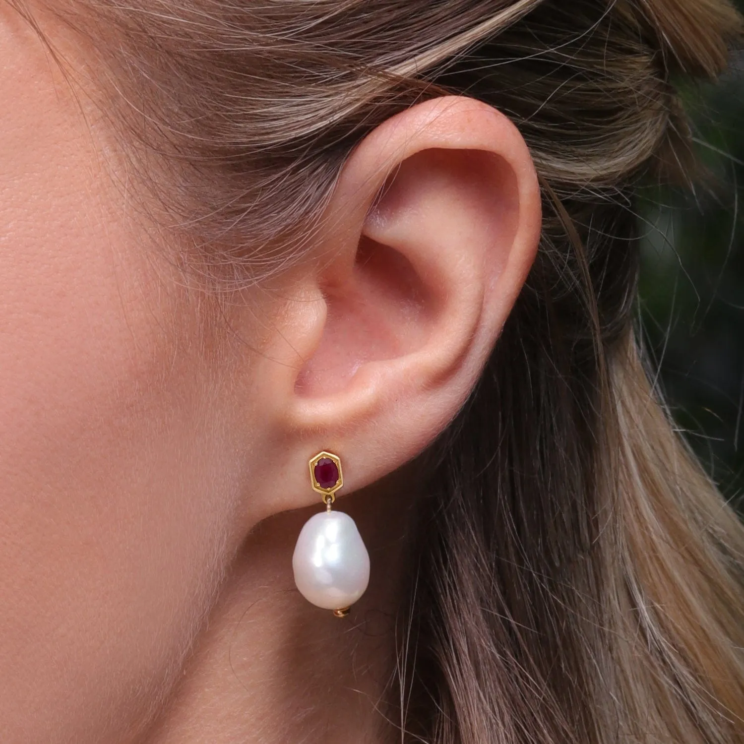 Modern Baroque Pearl & Ruby Drop Earrings in Gold Plated Silver sold by Gemondo Jewellery product image thumbnail 2