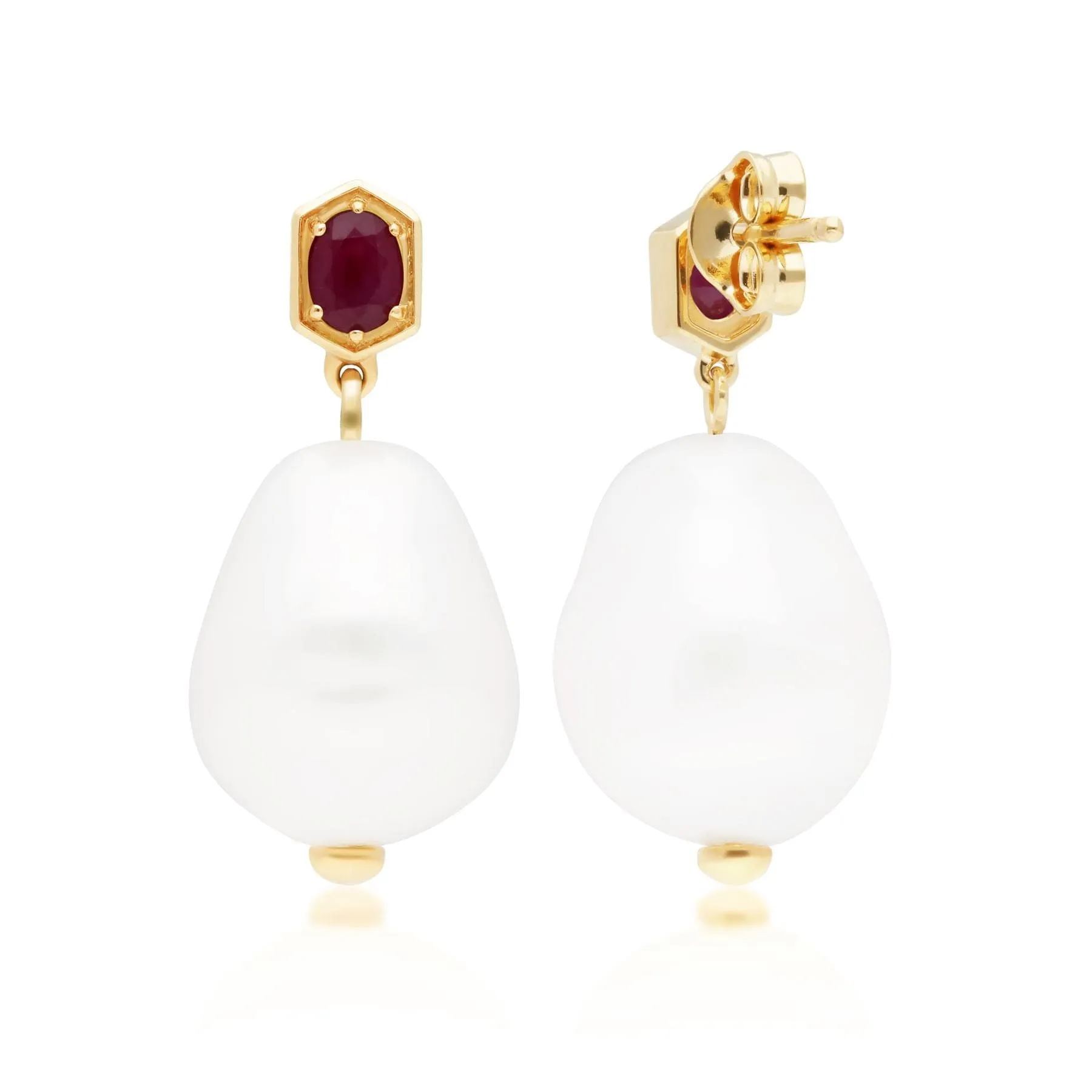 Modern Baroque Pearl & Ruby Drop Earrings in Gold Plated Silver sold by Gemondo Jewellery product image thumbnail 4