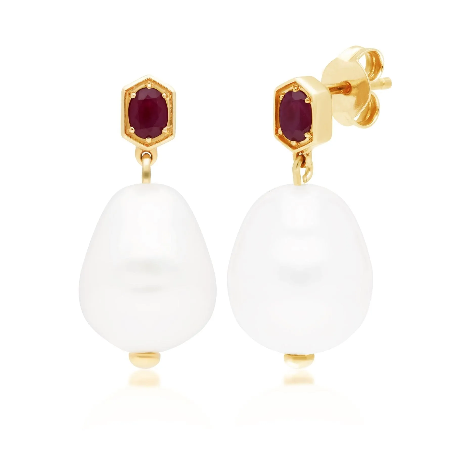Modern Baroque Pearl & Ruby Drop Earrings in Gold Plated Silver sold by Gemondo Jewellery