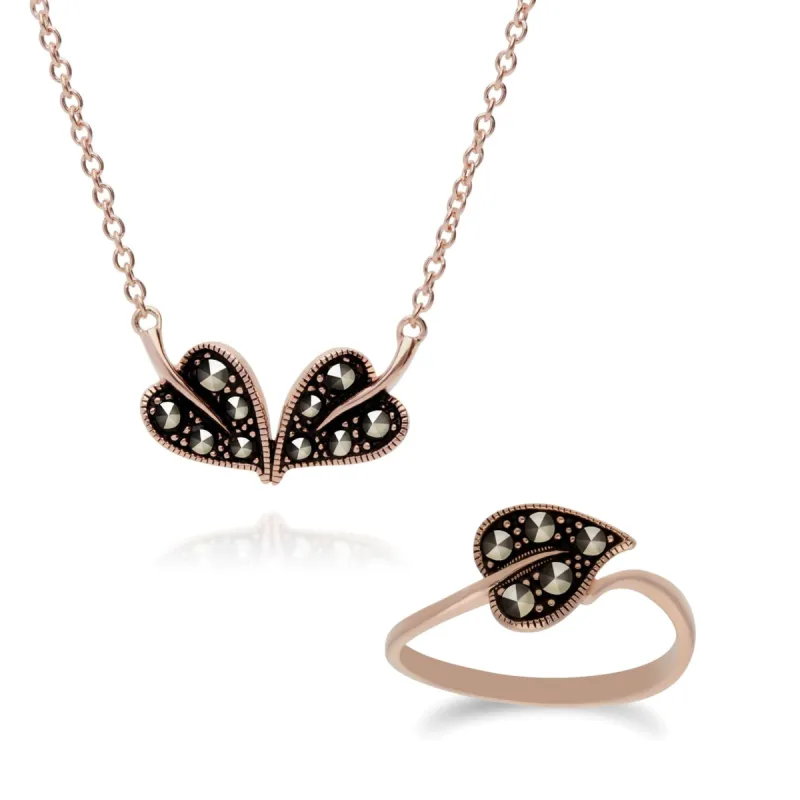 Rose Gold Plated Silver Marcasite Leaf Ring & Necklace Set sold by Gemondo Jewellery