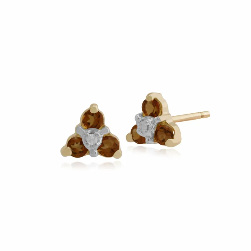 Floral Round Citrine & Diamond Stud Earrings in 9ct Yellow Gold sold by Gemondo Jewellery