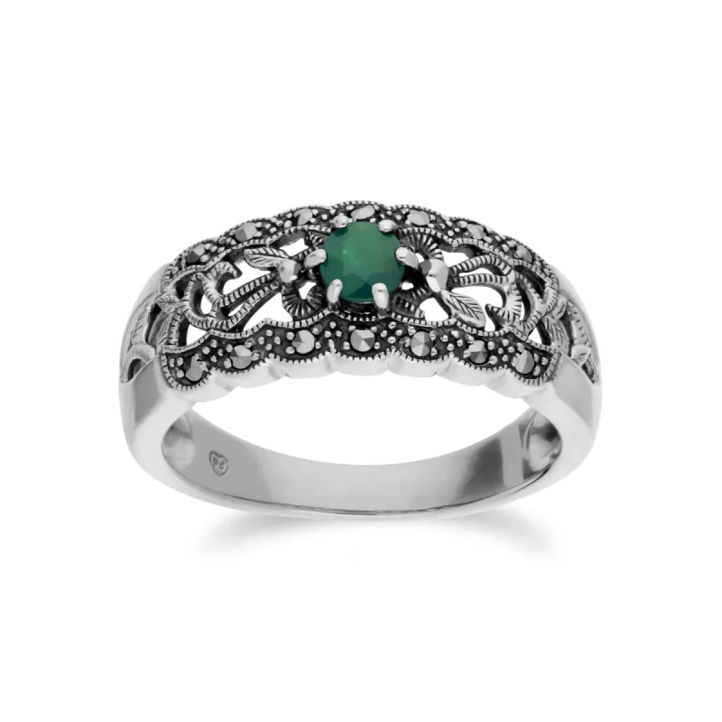 Art Nouveau Style Round Emerald & Marcasite Floral Band Ring in Sterling Silver sold by Gemondo Jewellery