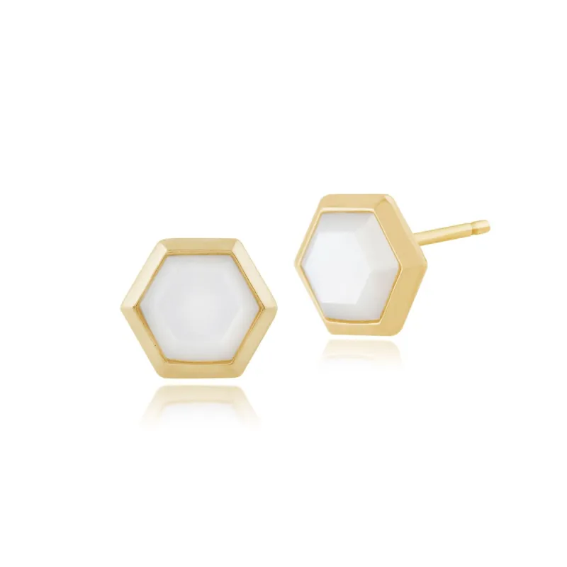Geometric Mother of Pearl Prism Stud Earrings in Gold Plated 925 Sterling Silver sold by Gemondo Jewellery