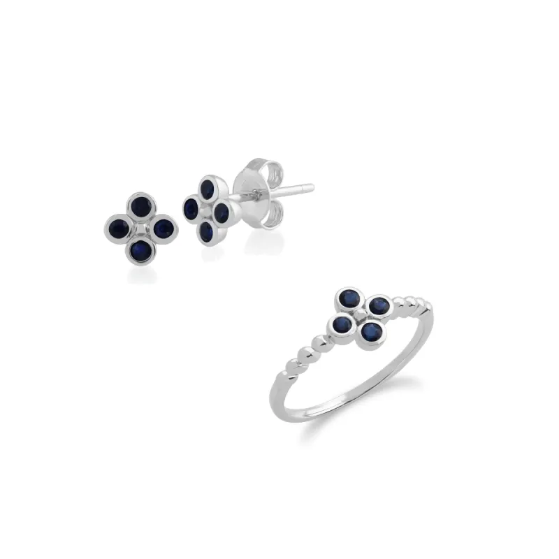Floral Round Sapphire Clover Stud Earrings & Ring Set in 925 Sterling Silver sold by Gemondo Jewellery