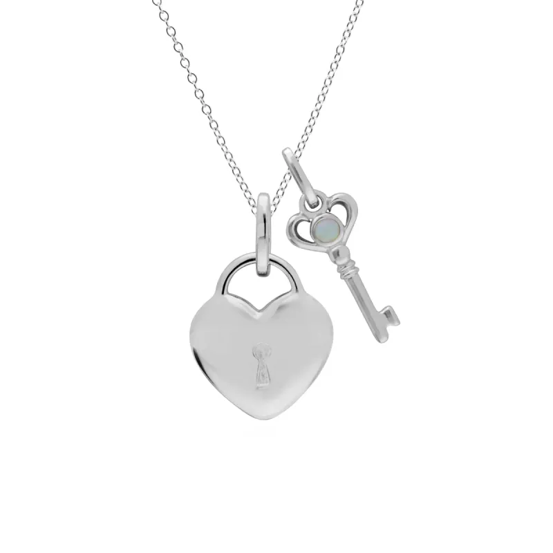 Classic Heart Lock Pendant & Opal Key Charm in 925 Sterling Silver sold by Gemondo Jewellery