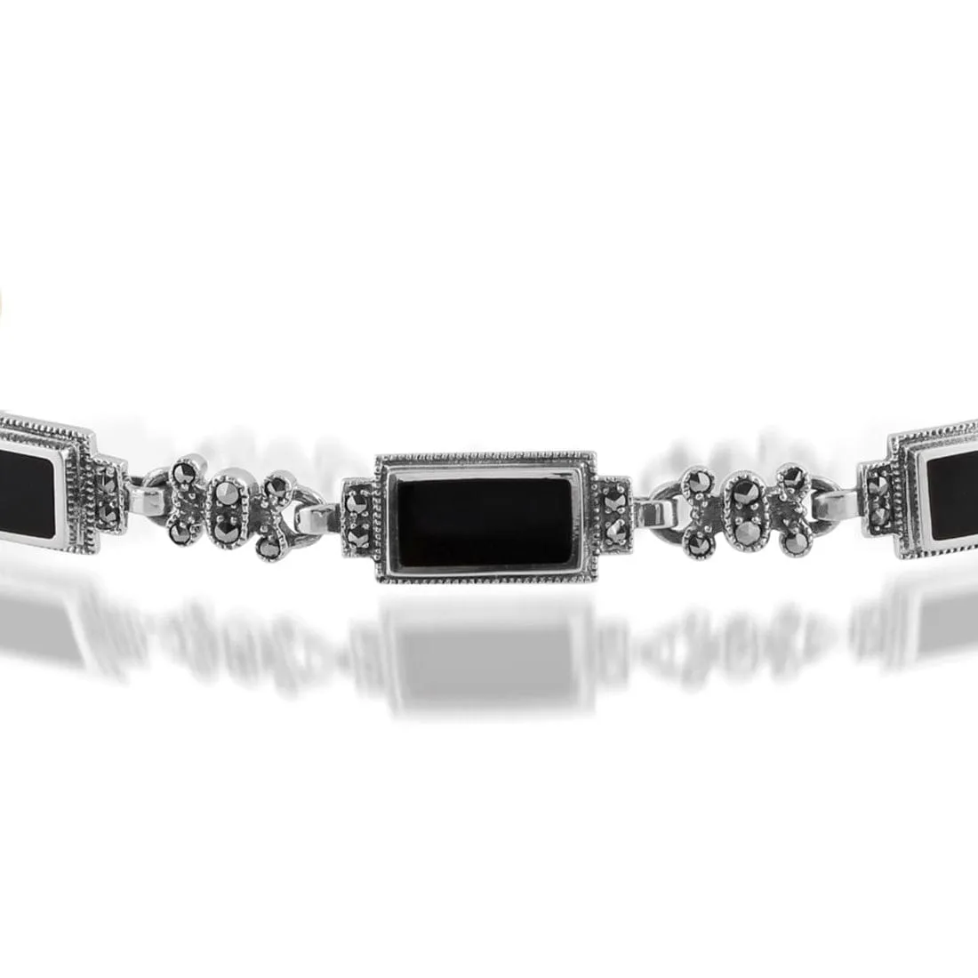 Art Deco Style Rectangle Black Onyx & Marcasite Bracelet sold by Gemondo Jewellery product image thumbnail 3