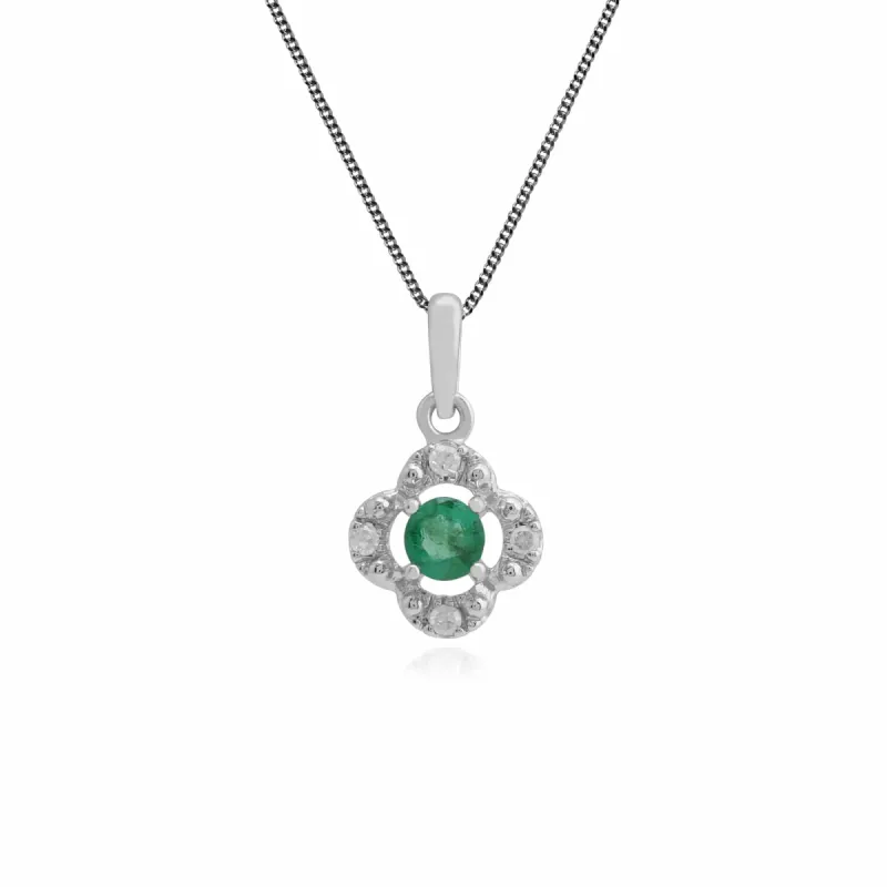 Gemondo 9ct White Gold 0.12ct Emerald & Diamond Floral Pendant on 45cm Chain sold by Gemondo Jewellery