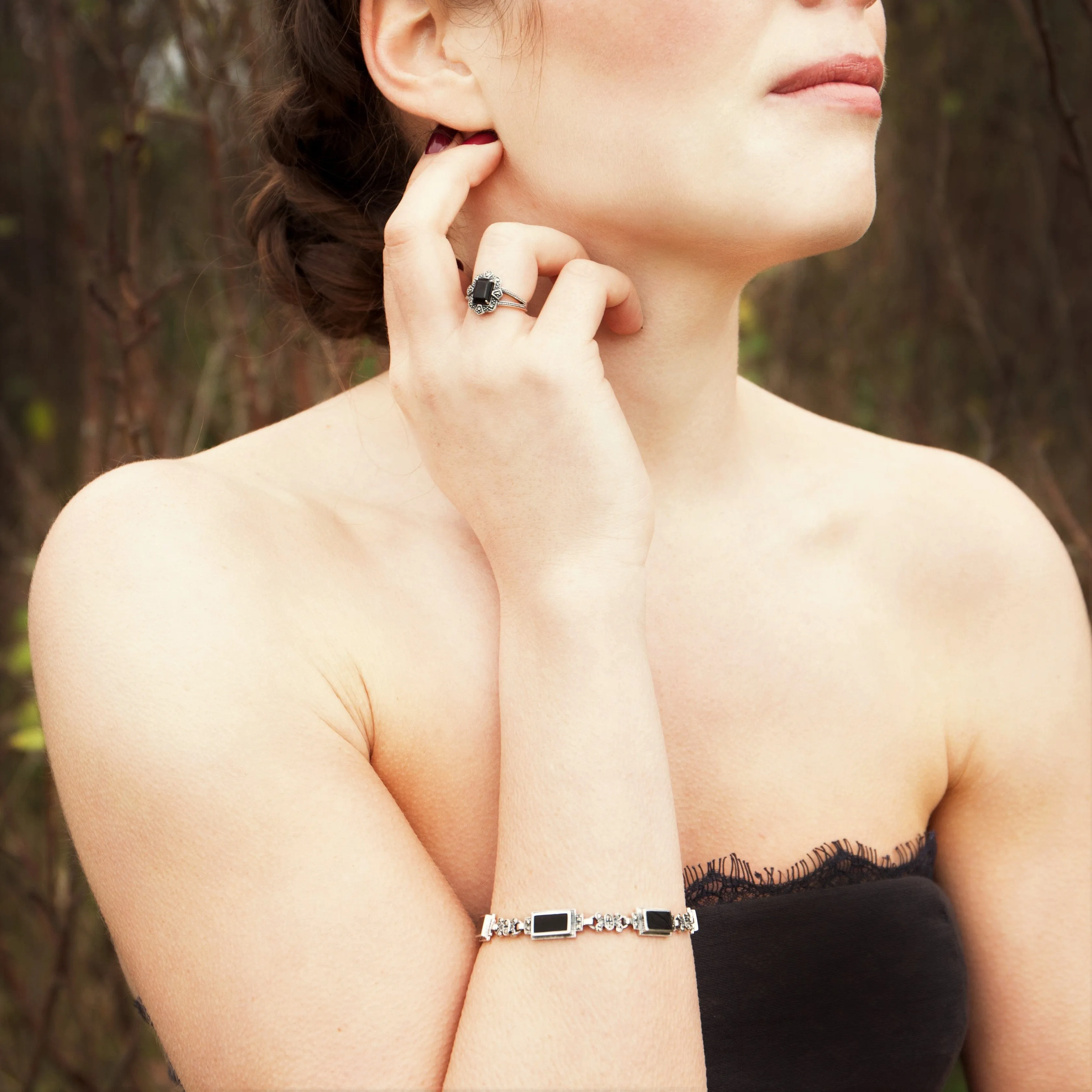 Art Deco Style Rectangle Black Onyx & Marcasite Bracelet sold by Gemondo Jewellery product image thumbnail 2