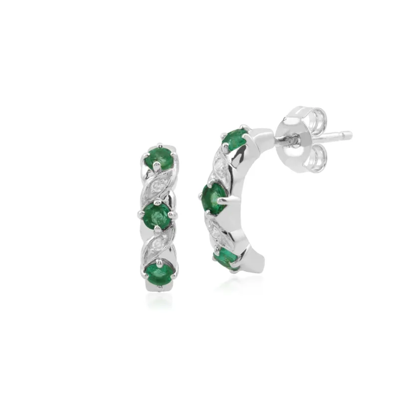 Classic Round Emerald & Diamond Half Hoop Earrings in 9ct White Gold sold by Gemondo Jewellery