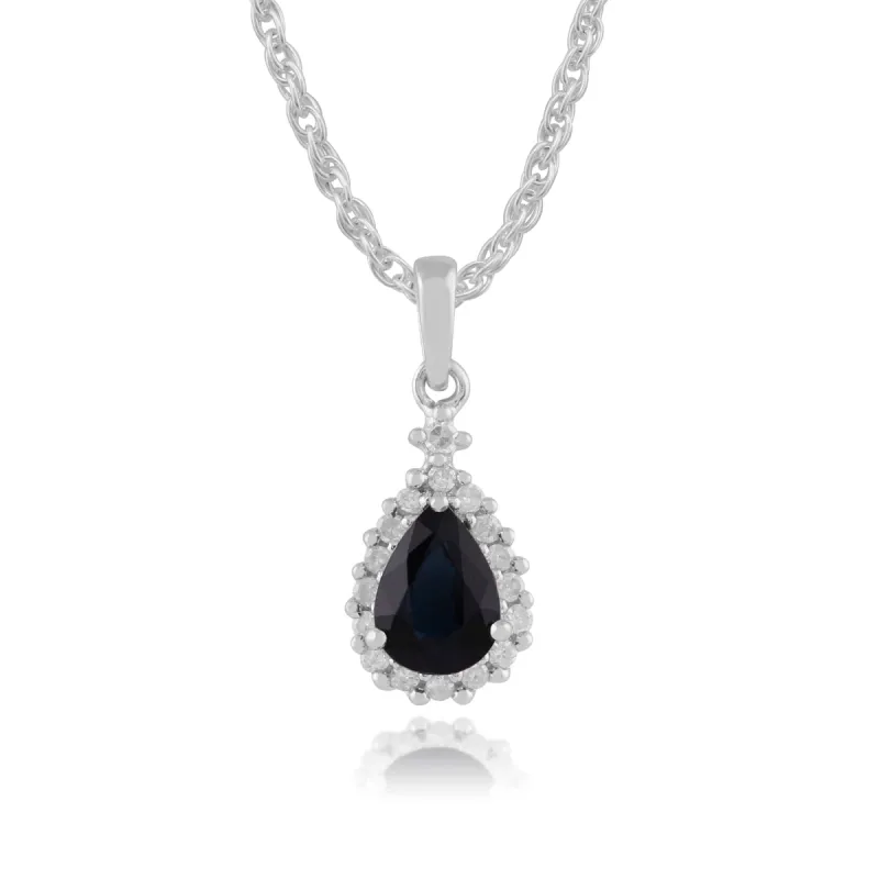 Classic Pear Sapphire & Diamond Cluster Pendant in 9ct White Gold sold by Gemondo Jewellery