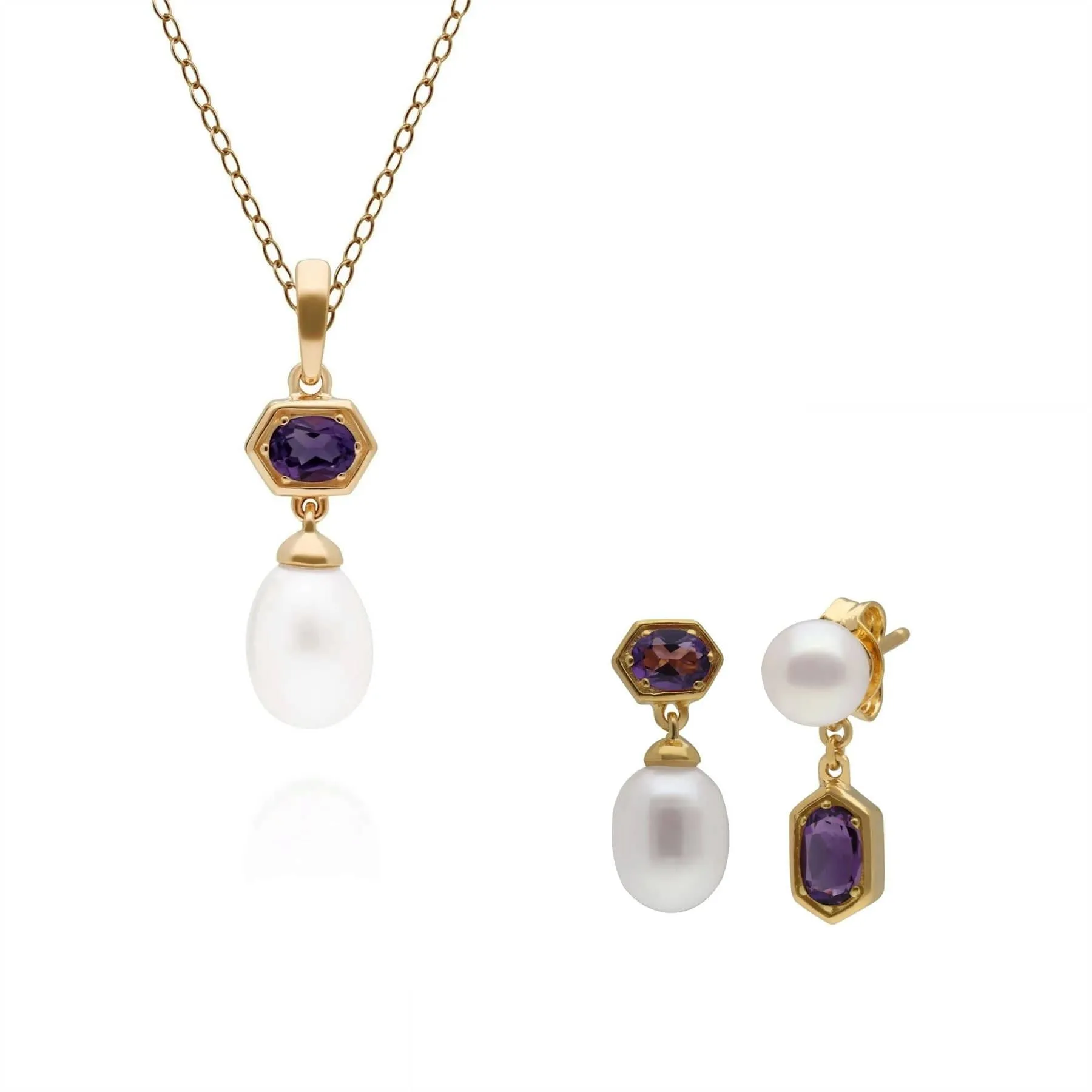 Modern Pearl & Amethyst Pendant & Earring Set in Gold Plated Silver sold by Gemondo Jewellery