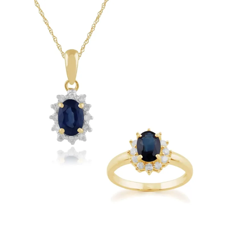 Classic Oval Sapphire & Diamond Halo Cluster Pendant & Ring Set in 9ct Yellow Gold sold by Gemondo Jewellery