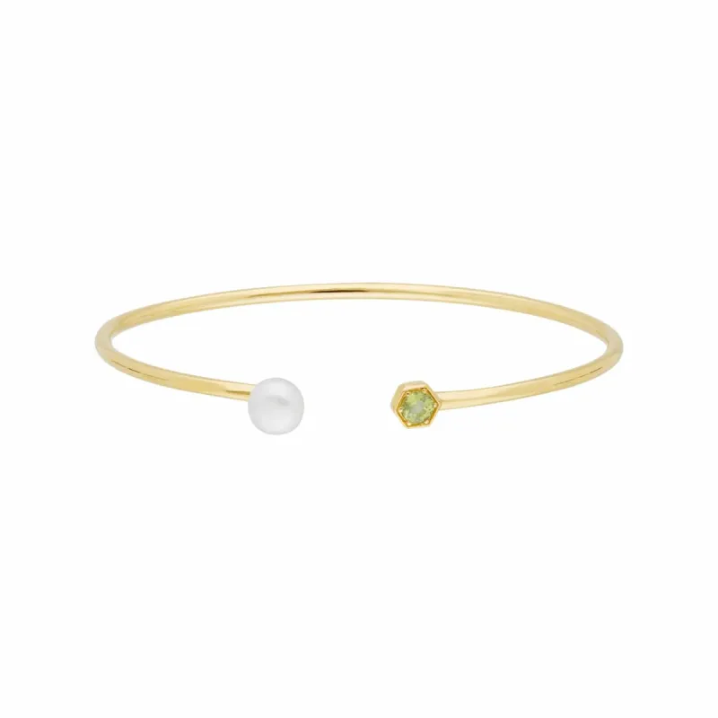 Geometric Pearl & Peridot Open Bangle in Gold Plated Silver sold by Gemondo Jewellery