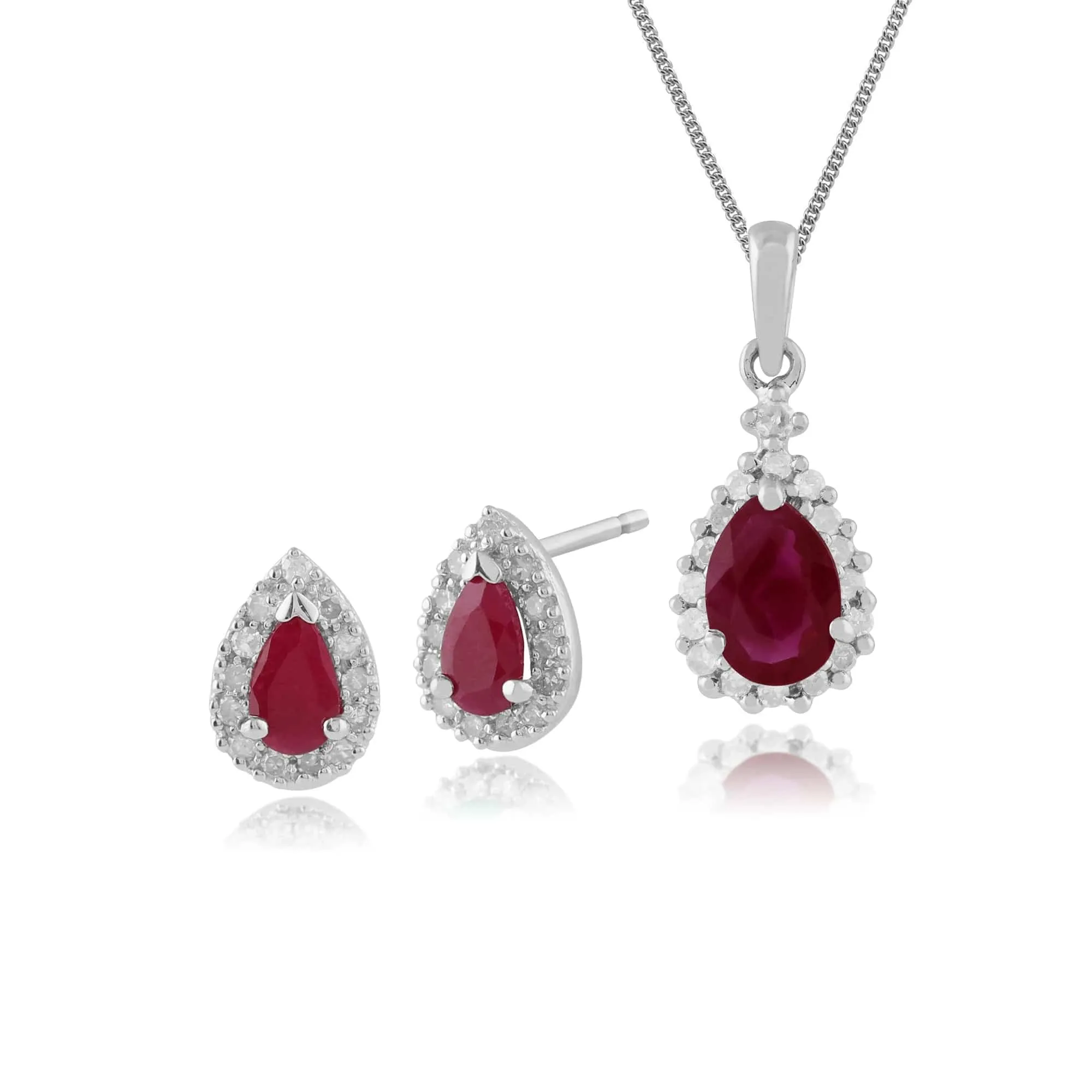 Classic Pear Ruby & Diamond Halo Stud Earrings & Pendant Set in 9ct White Gold sold by Gemondo Jewellery