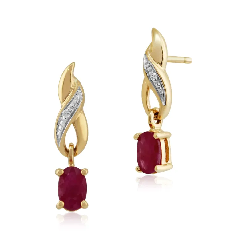 Art Nouveau Oval Ruby & Diamond Drop Earrings in 9ct Yellow Gold sold by Gemondo Jewellery