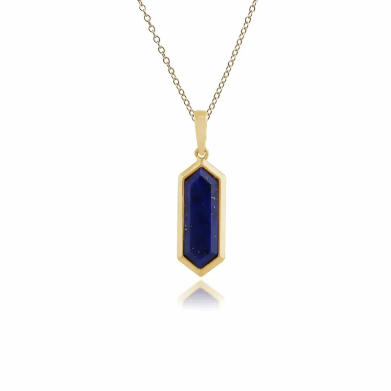 Geometric Hexagon Lapis Lazuli Prism Drop Pendant in Gold Plated Silver sold by Gemondo Jewellery