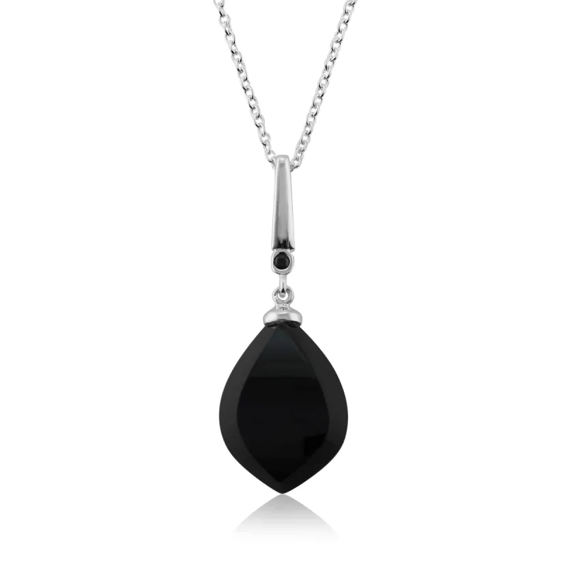 Art Deco Style Black Onyx Cabochon & Black Spinel Pendant in Sterling Silver sold by Gemondo Jewellery
