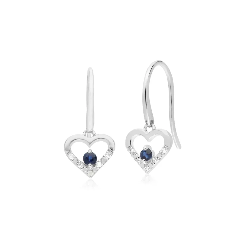 Classic Round Sapphire & Diamond Love Heart Shaped Drop Earrings in 9ct White Gold sold by Gemondo Jewellery