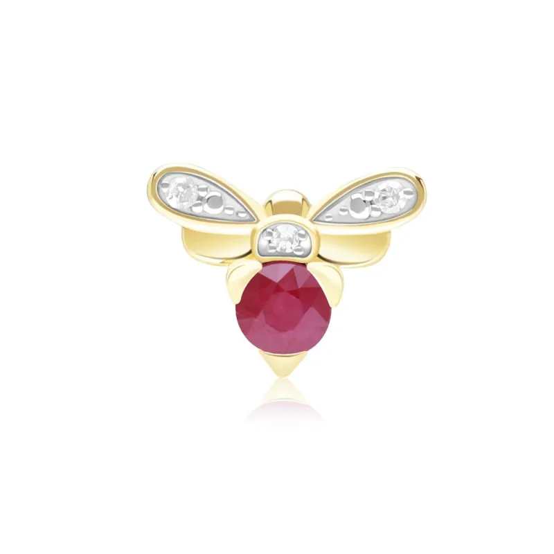 Honeycomb Inspired Ruby and Diamond Bee Pin in 9ct Yellow Gold sold by Gemondo Jewellery