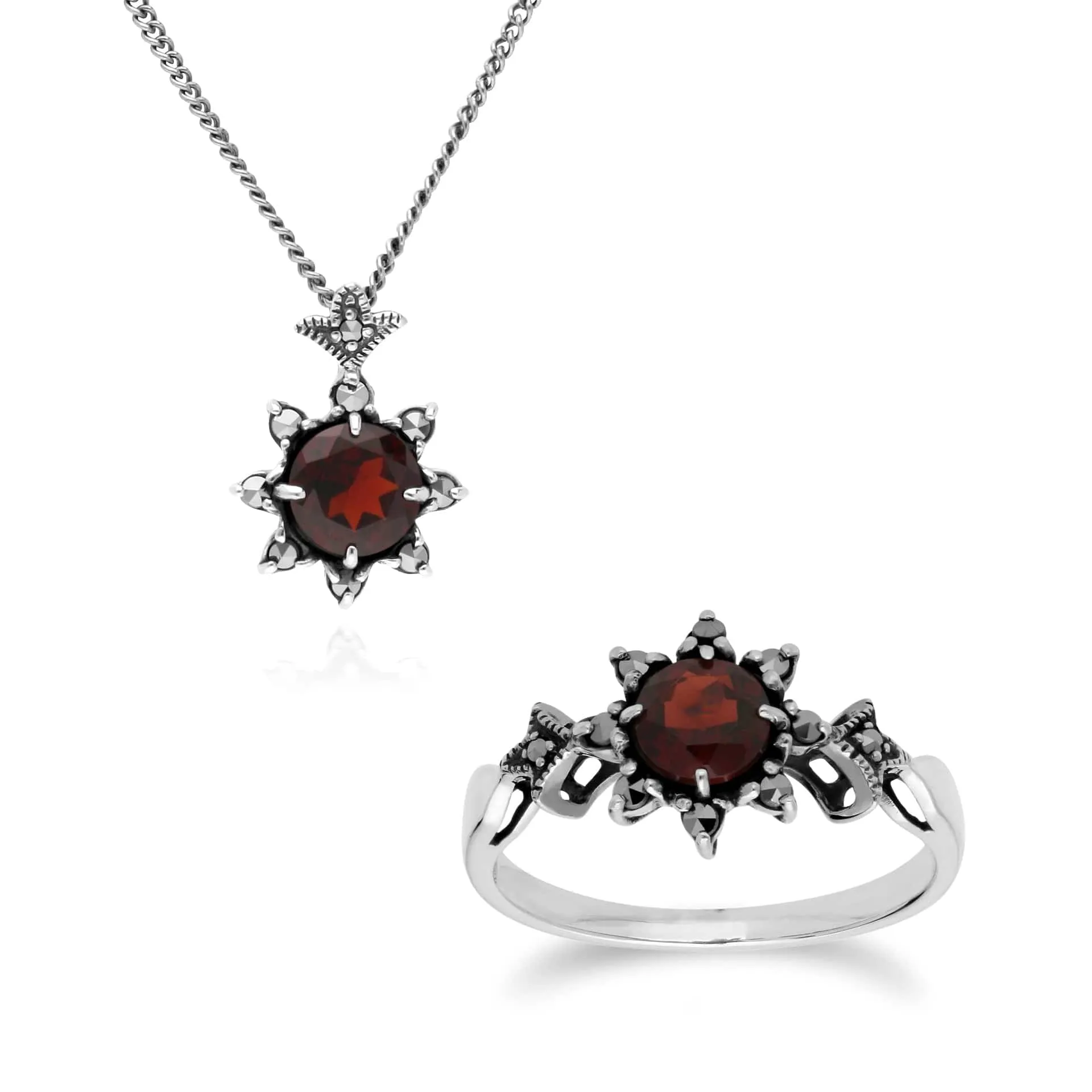 Art Nouveau Style Style Round Garnet & Marcasite Starburst Pendant & Ring Set in 925 Sterling Silver sold by Gemondo Jewellery