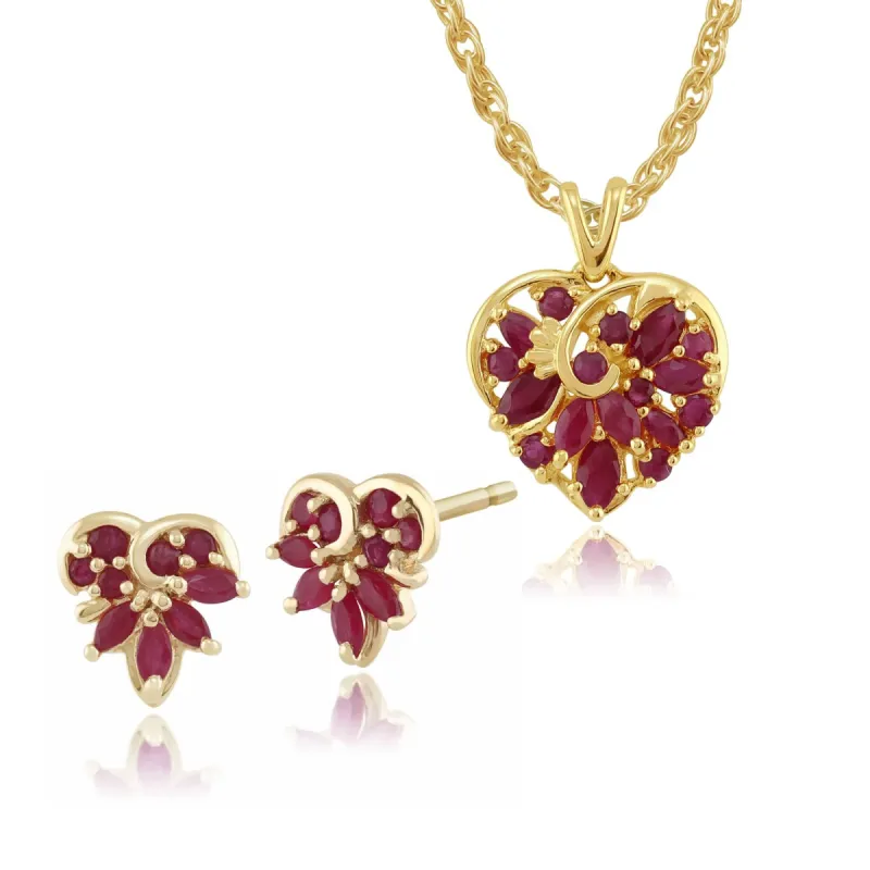 Classic Marquise Ruby Heart Stud Earrings & Pendant Set in 9ct Gold sold by Gemondo Jewellery