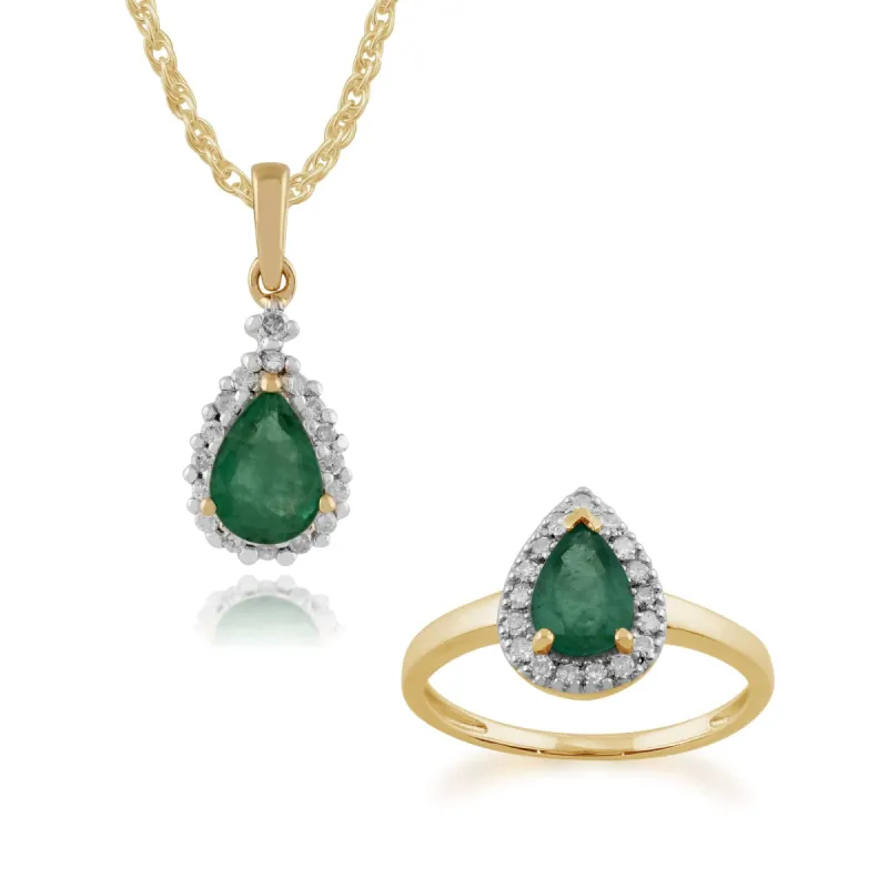 Classic Pear Emerald & Diamond Halo Pendant & Ring Set in 9ct Yellow Gold sold by Gemondo Jewellery
