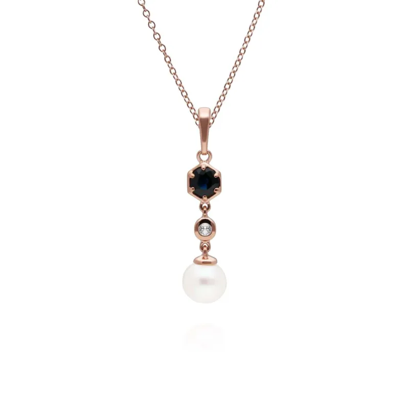 Modern Pearl, Sapphire & Topaz Drop Pendant in Rose Gold Plated Silver sold by Gemondo Jewellery