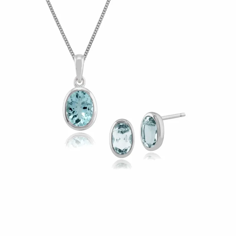 Classic Oval Aquamarine Bezel Stud Earrings & Pendant Set in 9ct White Gold sold by Gemondo Jewellery