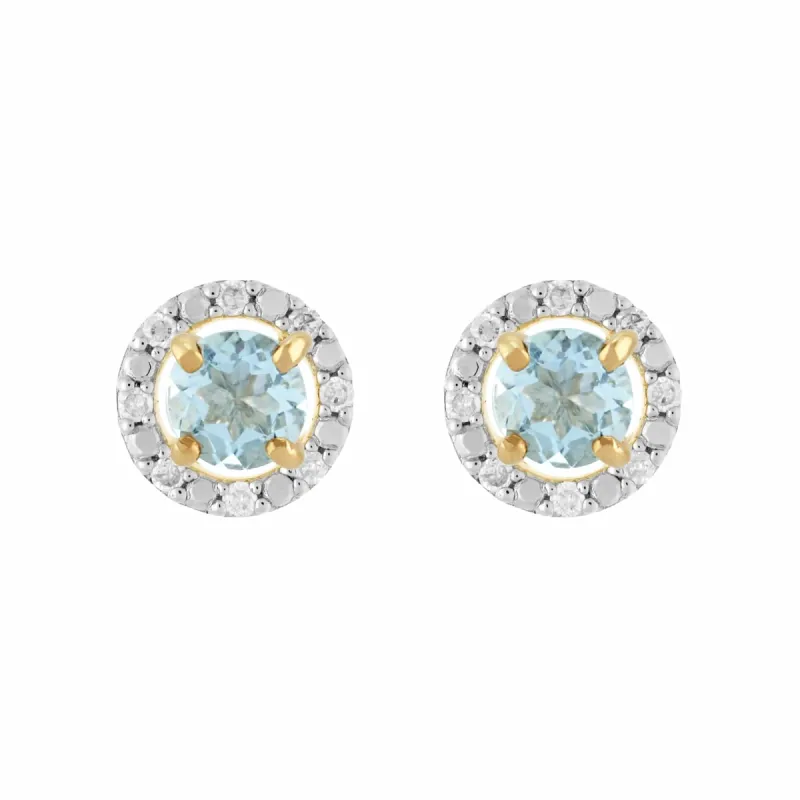 Classic Round Aquamarine Stud Earrings with Detachable Diamond Round Earrings Jacket Set in 9ct Yellow Gold sold by Gemondo Jewellery