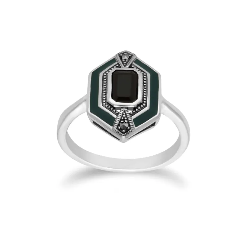 Art Deco Style Octagon Black Onyx, Marcasite & Green Enamel hexagon Ring in 925 Sterling Silver sold by Gemondo Jewellery