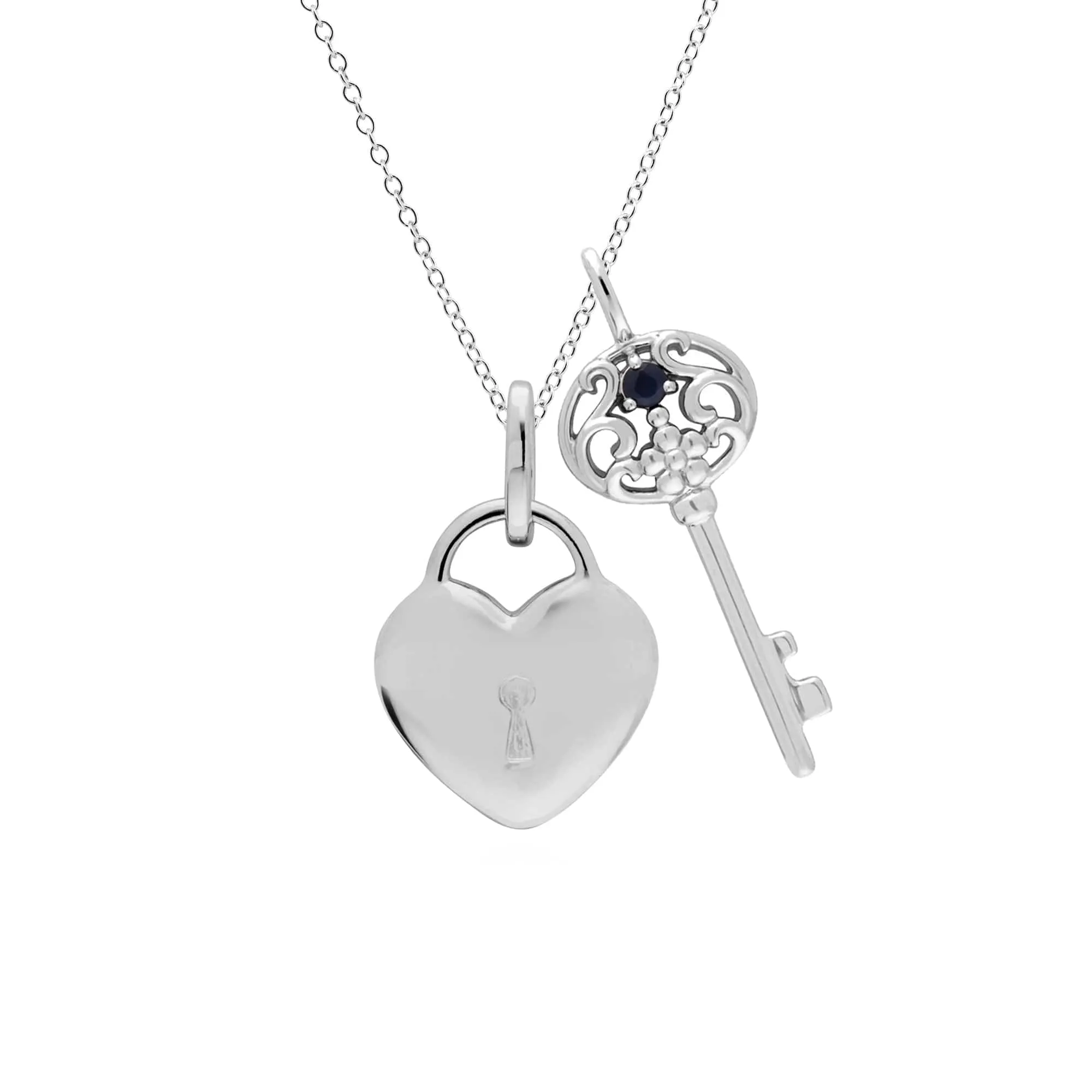 Classic Heart Lock Pendant & Sapphire Big Key Charm in 925 Sterling Silver sold by Gemondo Jewellery