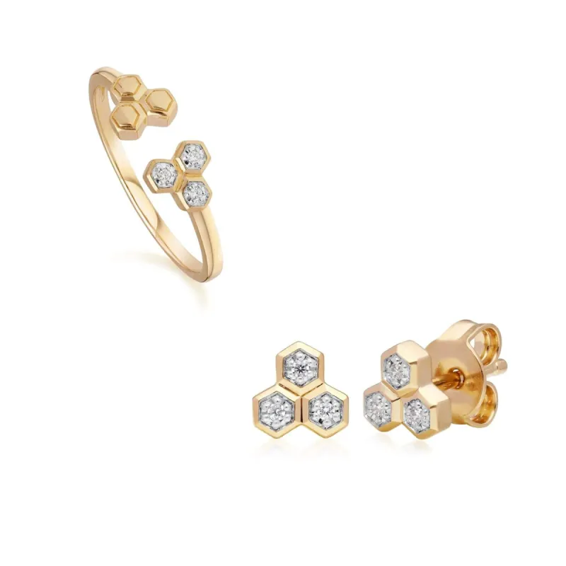 Diamond Trilogy Ring & Stud Earring Set in 9ct Yellow Gold sold by Gemondo Jewellery
