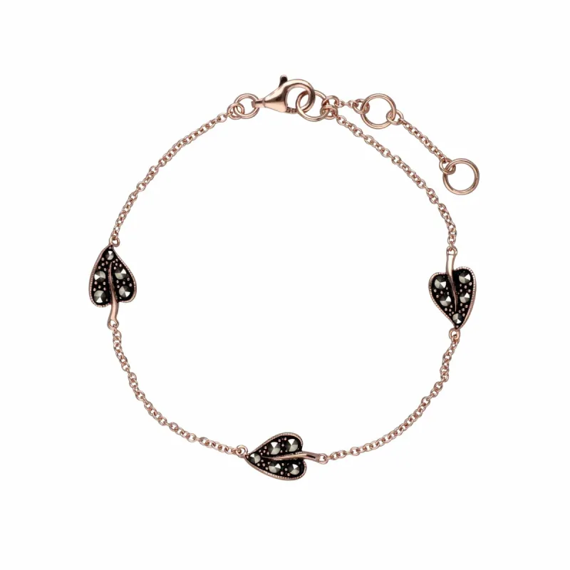 Marcasite Three Leaf Bracelet in Rose Gold Plated Silver sold by Gemondo Jewellery