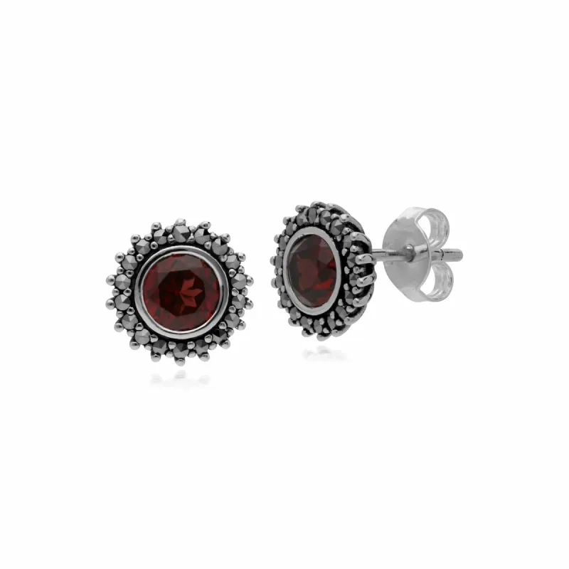 Art Deco Style Round Garnet & Marcasite Halo Stud Earrings in 925 Sterling Silver sold by Gemondo Jewellery