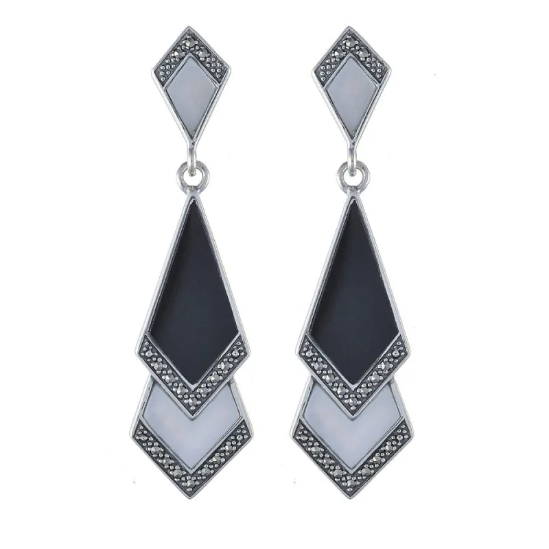 Art Deco Style Black Onyx, Mother of Pearl & Marcasite Fan Drop Earrings sold by Gemondo Jewellery