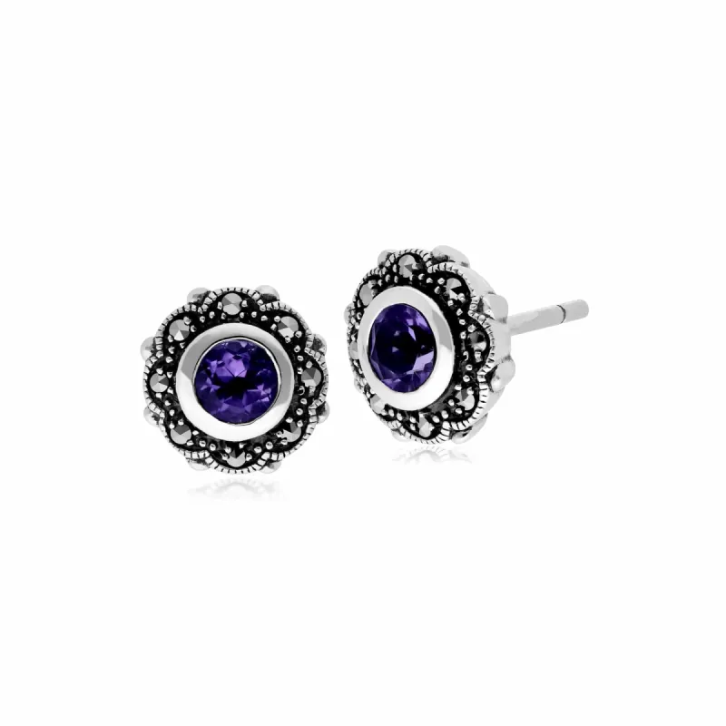 Art Nouveau Style Round Amethyst & Marcasite Floral Stud Earrings in 925 Sterling Silver sold by Gemondo Jewellery