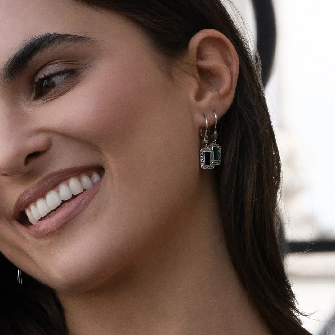 Art Deco Style Rectangle Chalcedony and Marcasite Drop Earrings in Sterling Silver sold by Gemondo Jewellery product image thumbnail 2